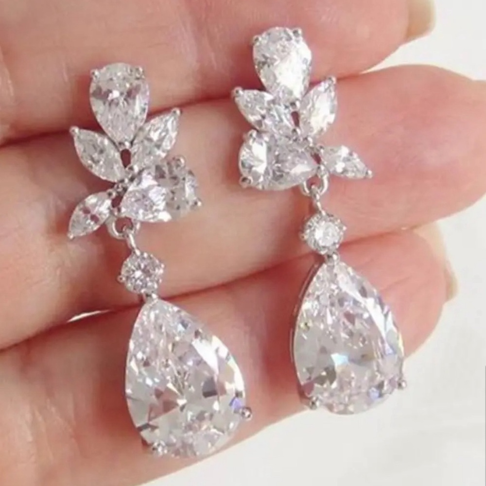 Diamond Earrings Silver Plated Pear Shape Cubic Zirconia